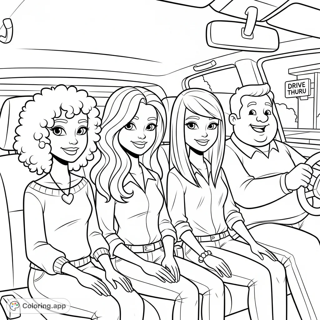 Three cheerful girls in a car's backseat, driven by a happy man towards a drive-thru, enjoying their journey with smiles and anticipation.