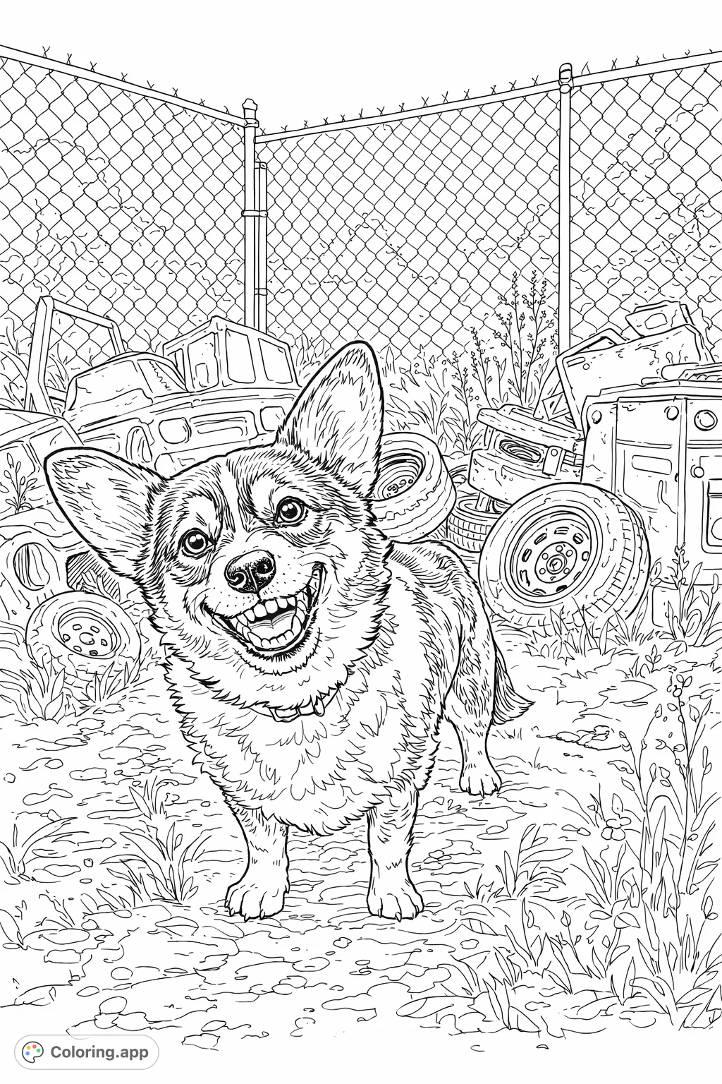 Grinning Corgi's Junkyard Adventure - Coloring.app