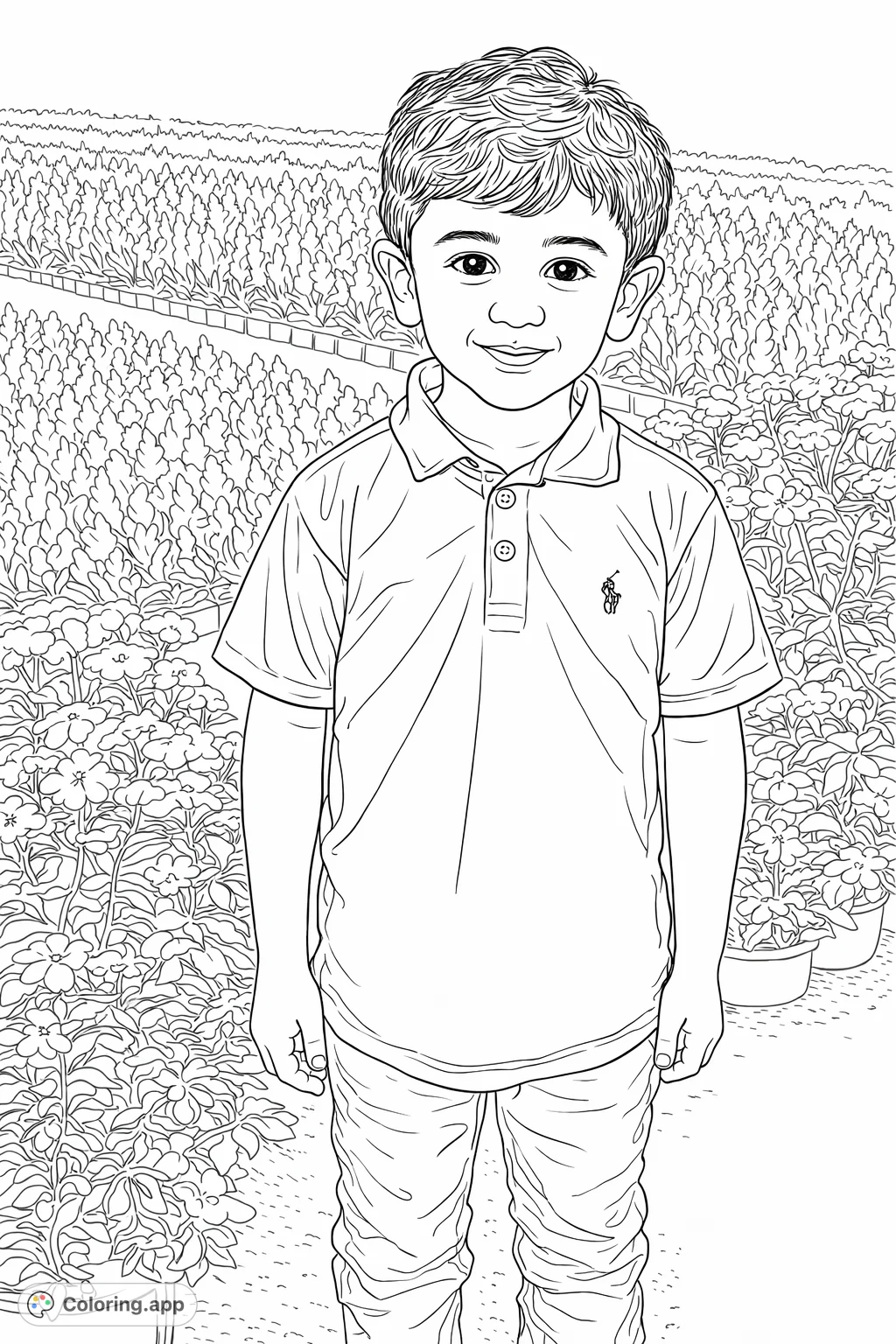 A cheerful boy smiles in a vibrant floral setting, surrounded by rows of textured plants and delicate blossoms. Perfect for a joyful coloring experience.