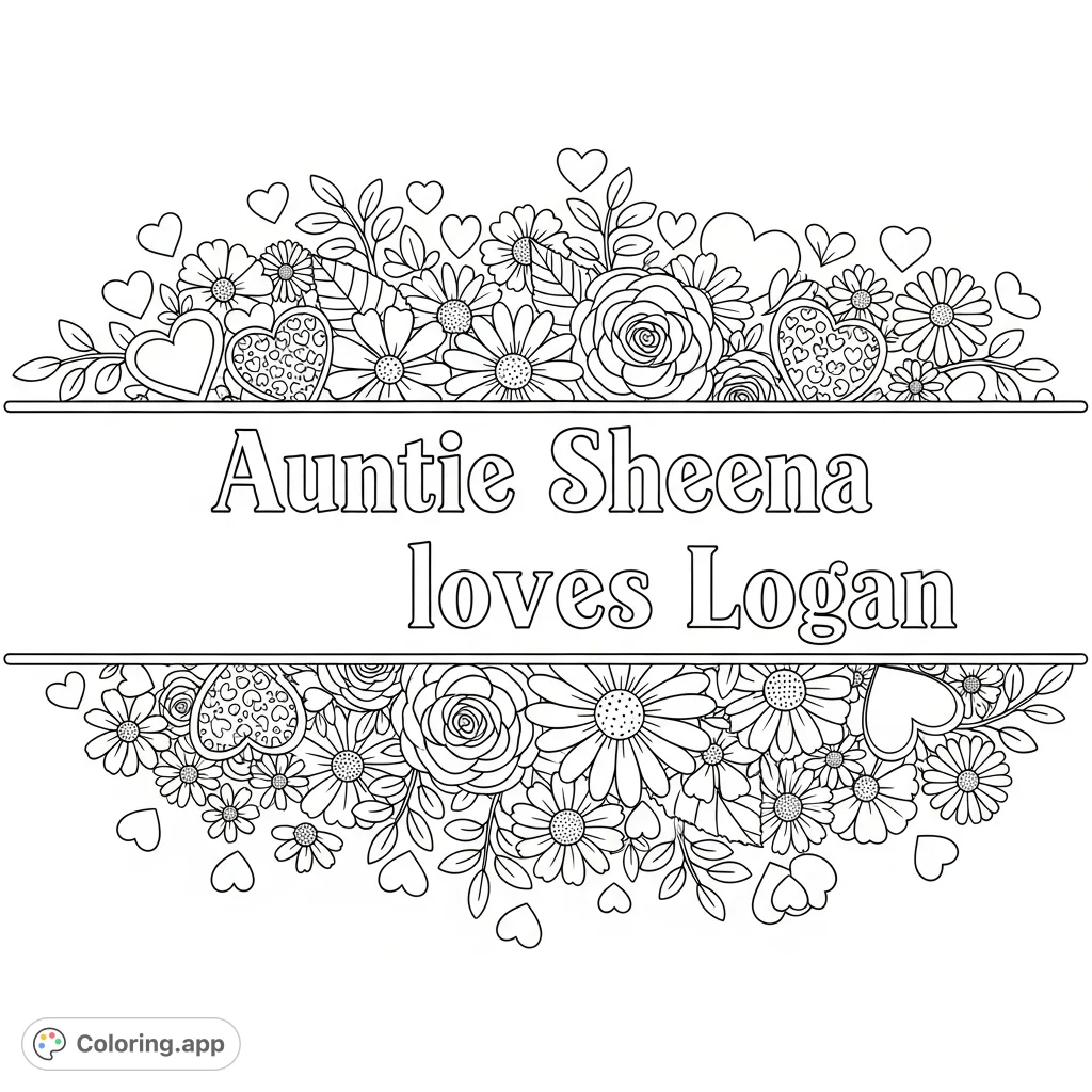 A beautiful floral banner featuring the message "Auntie Sheena loves Logan" surrounded by intricate flowers, leafy vines, and hearts. A heartfelt design.