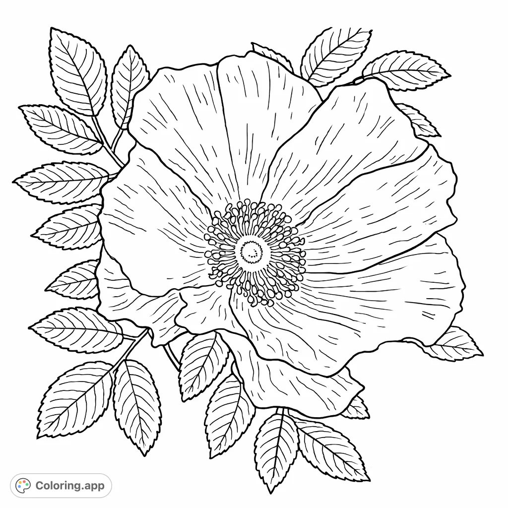 A beautiful, detailed wild rose flower featuring layered petals and a prominent, intricate center, surrounded by lush, textured foliage. Perfect for nature lovers.
