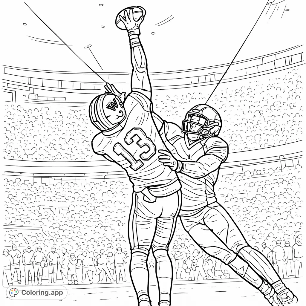 Capture the thrilling moment of a football receiver making a spectacular catch against a defender in a packed stadium. A dynamic sports coloring page.