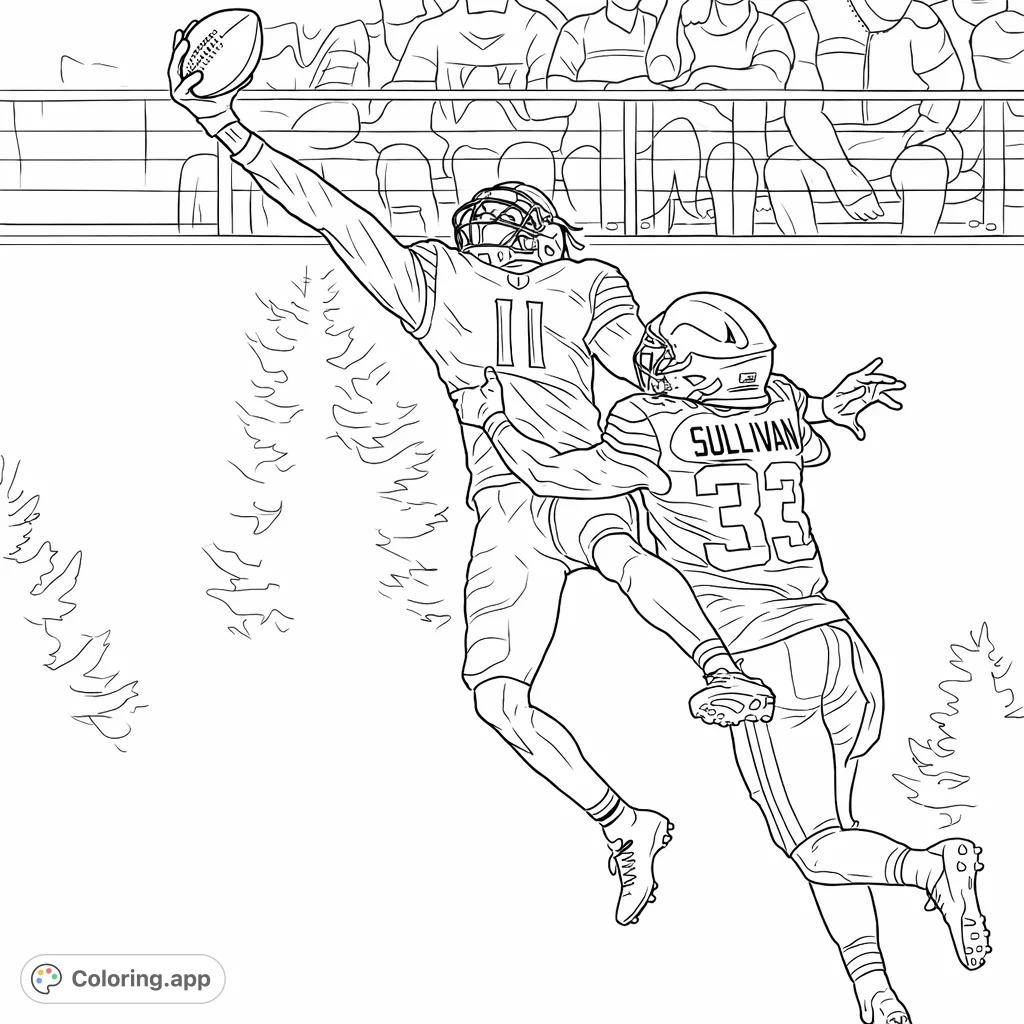 Experience the thrill of a football game with this dynamic scene featuring two players mid-air. One secures a catch while the other attempts a block.
