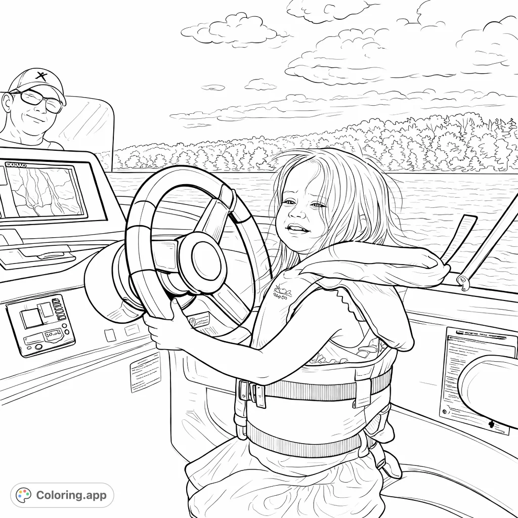 An adorable child takes the wheel, steering a boat on a calm lake with an adult supervising. A fun boating adventure for little captains to color!