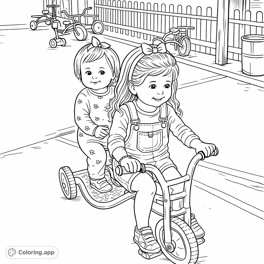 Two cheerful children enjoy a tricycle ride, one steering while the other stands on the back. A delightful playtime scene perfect for young colorists.
