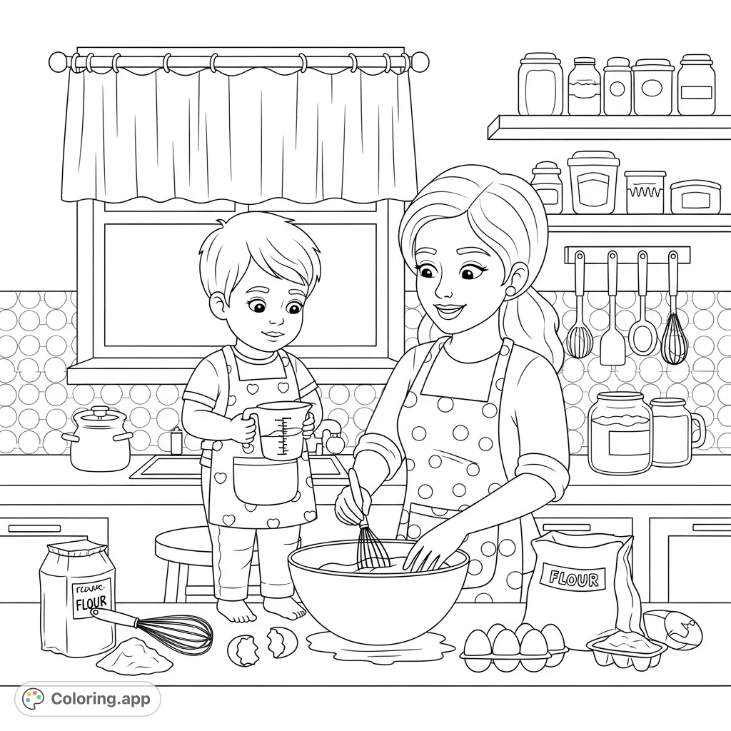 A heartwarming, cartoonish scene of a little blonde boy helping his mum bake in a cozy kitchen. Perfect for family fun and creative coloring!