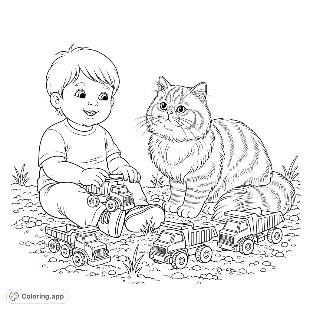 An adorable coloring page featuring a small blonde boy and a fluffy Persian Tabby cat playing with toy trucks in the dirt. Perfect for imaginative fun!