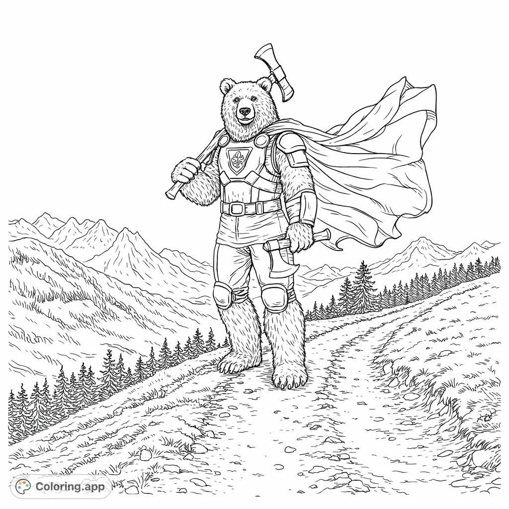A mighty bear warrior stands proudly on a mountain path, wielding axes and a flowing cape. A fantasy adventure free printable coloring page for adults.