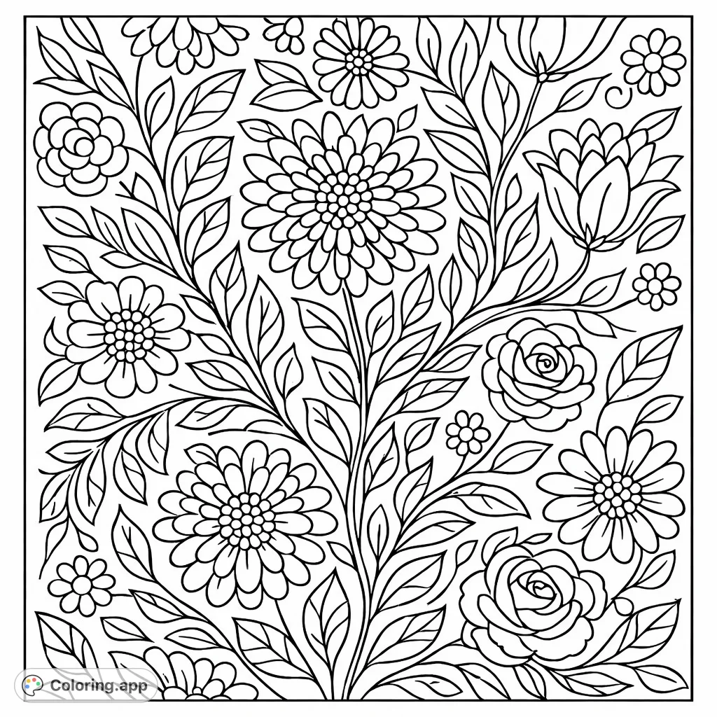 Immerse yourself in a beautiful, intricate floral pattern coloring page featuring dense arrangements of roses, daisies, and various leaves for a relaxing creative escape.