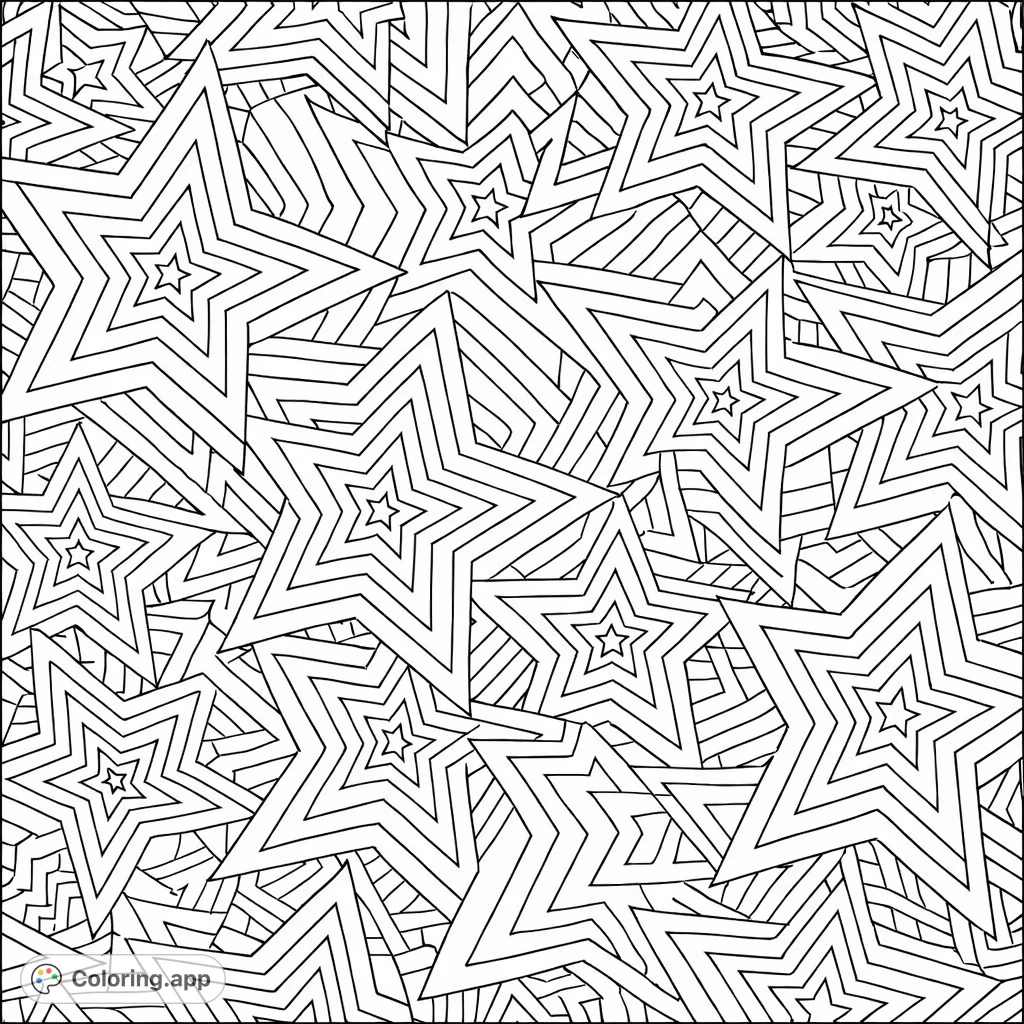 Dive into a cosmic adventure with this intricate star pattern coloring page. Overlapping stars and layered designs offer endless creative possibilities.
