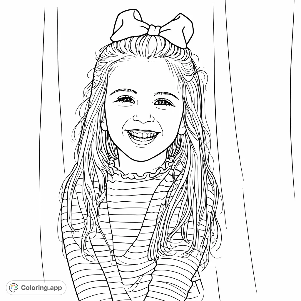 A delightful coloring page featuring a smiling young girl with a prominent bow and a striped shirt. Perfect for adding vibrant hues to her cheerful expression.