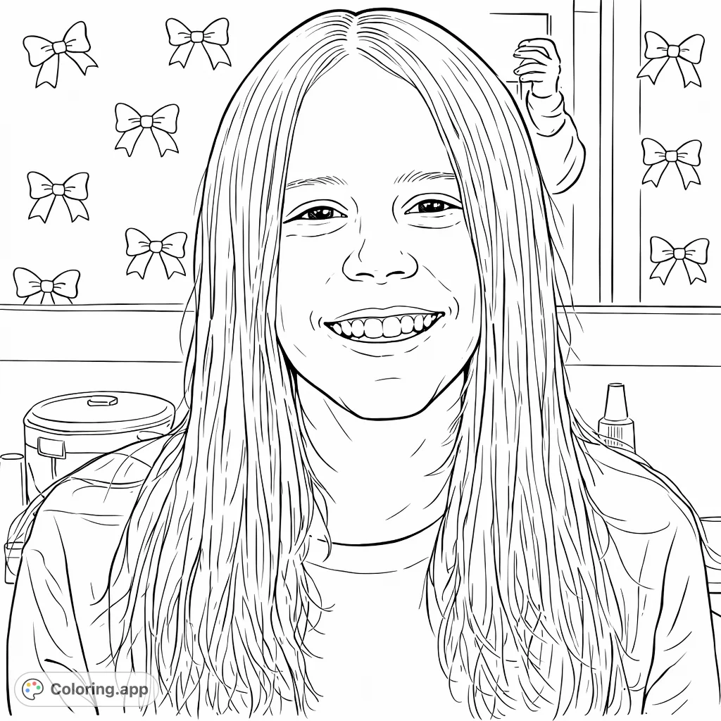 Capture a joyful moment with this smiling girl, her long hair adorned with subtle shimmer. Perfect for a calming Colored Airbrush style coloring page featuring pink bows.