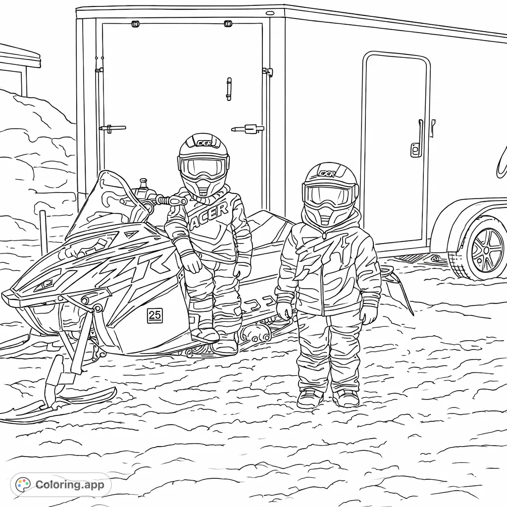 A thrilling winter scene featuring two children geared up for snowmobiling, ready for snowy adventure. Perfect for winter sports enthusiasts.