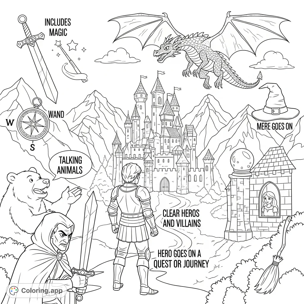 Explore a detailed fantasy realm coloring page featuring a hero, dragon, castle, and magic elements, perfect for learning about fantasy novels.