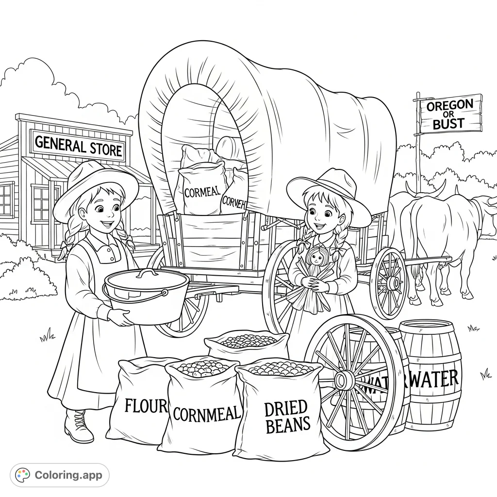 Excited pioneer children pack a covered wagon with provisions for their Oregon Trail journey, featuring a general store and oxen. A historical adventure awaits!