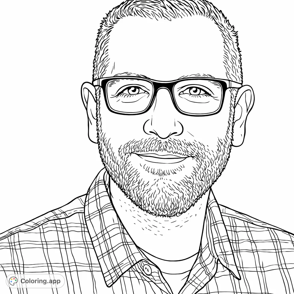 Color a friendly man with a beard, eyeglasses, and a detailed plaid shirt. Perfect for practicing portrait shading, realistic textures, and intricate patterns.
