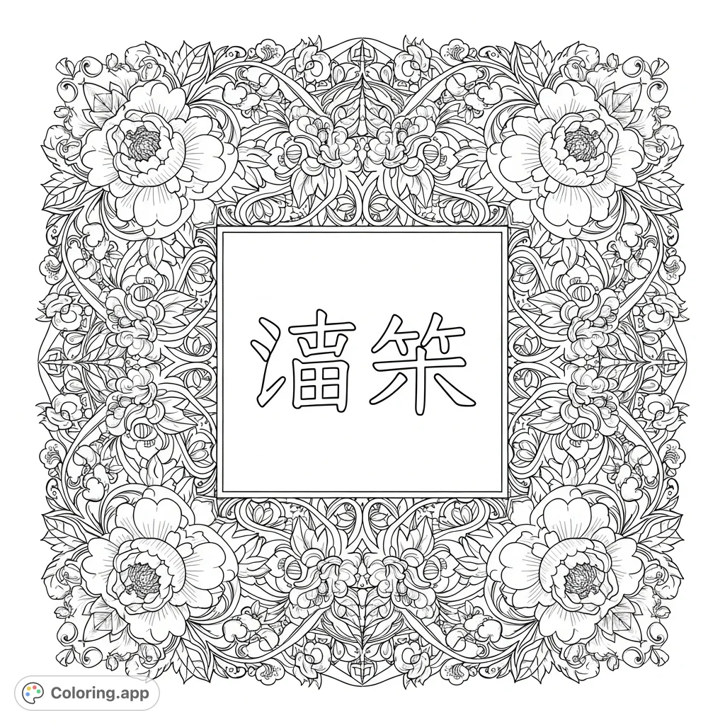 Intricate floral patterns frame the characters '东晓恩', featuring elegant peonies and plum blossoms in a dense traditional Chinese design, perfect for mindful coloring.