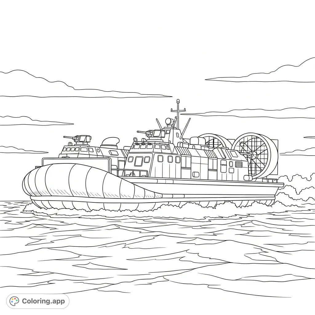 A powerful military hovercraft navigates open waters, showcasing its formidable design and advanced technology. Perfect for fans of military vehicles and maritime scenes.