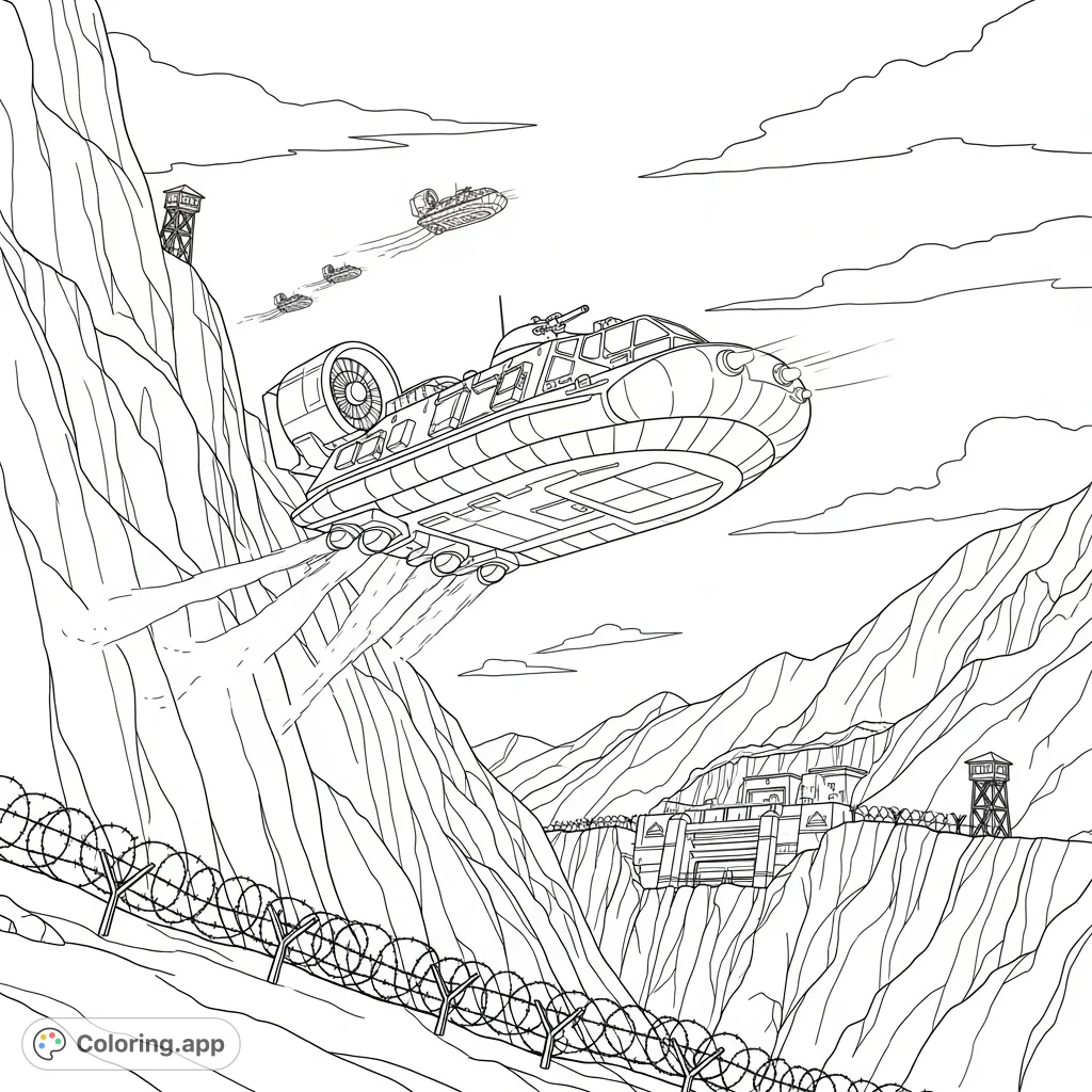 Colorable Military Base Futuristic Military Mountain Base - Coloring.app