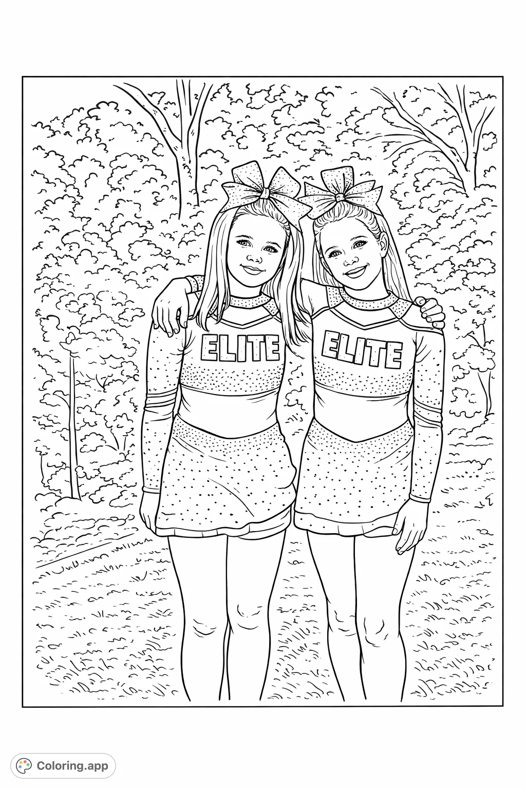 Two cheerful young cheerleaders in detailed uniforms with large bows, ready for a fun coloring adventure. Features intricate patterns and an outdoor setting.