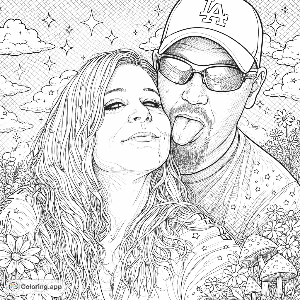 Capture a playful couple in a dreamlike setting with flowing hair, quirky expressions, and a surreal background of plants and crosshatching patterns.