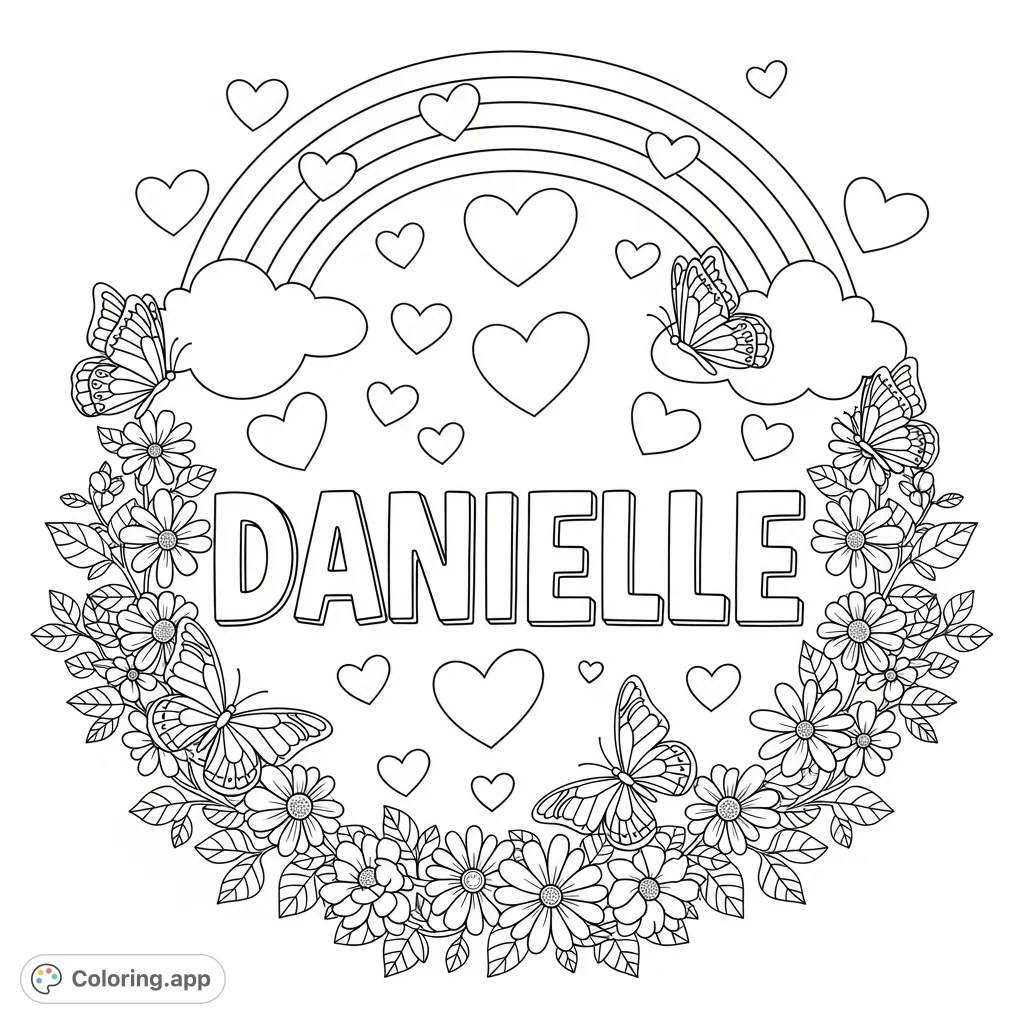 A charming coloring page featuring the name DANIELLE adorned with whimsical hearts, fluttering butterflies, a joyful rainbow, soft clouds, and abundant flowers.