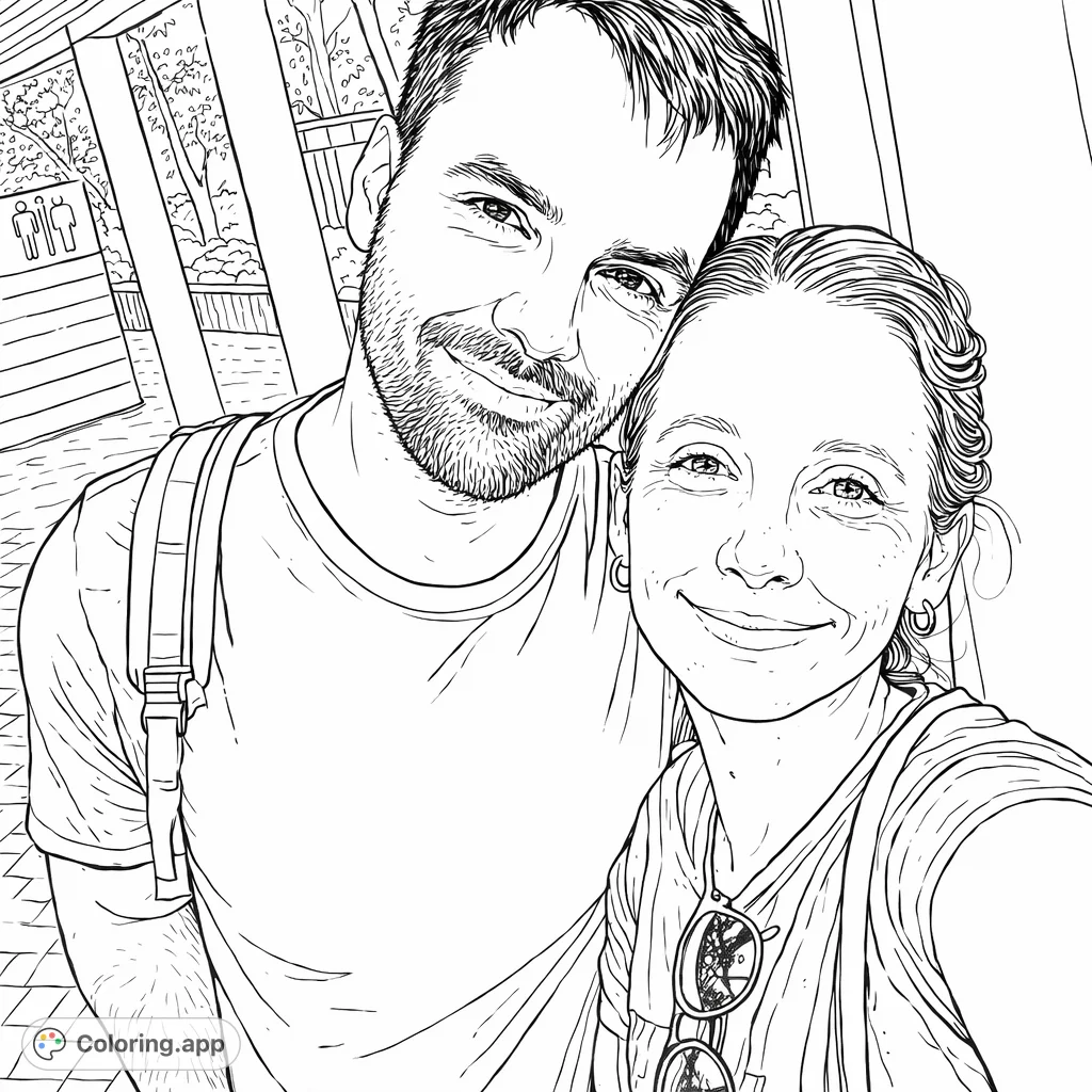 Capture a heartwarming moment with this happy couple coloring page. Features a smiling man and woman in an inviting outdoor setting with architectural details.
