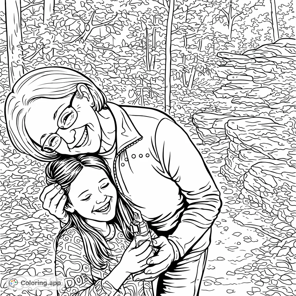 A heartwarming forest scene of a grandmother and granddaughter sharing a joyful hug. Perfect for family-themed coloring fun and celebrating special bonds.