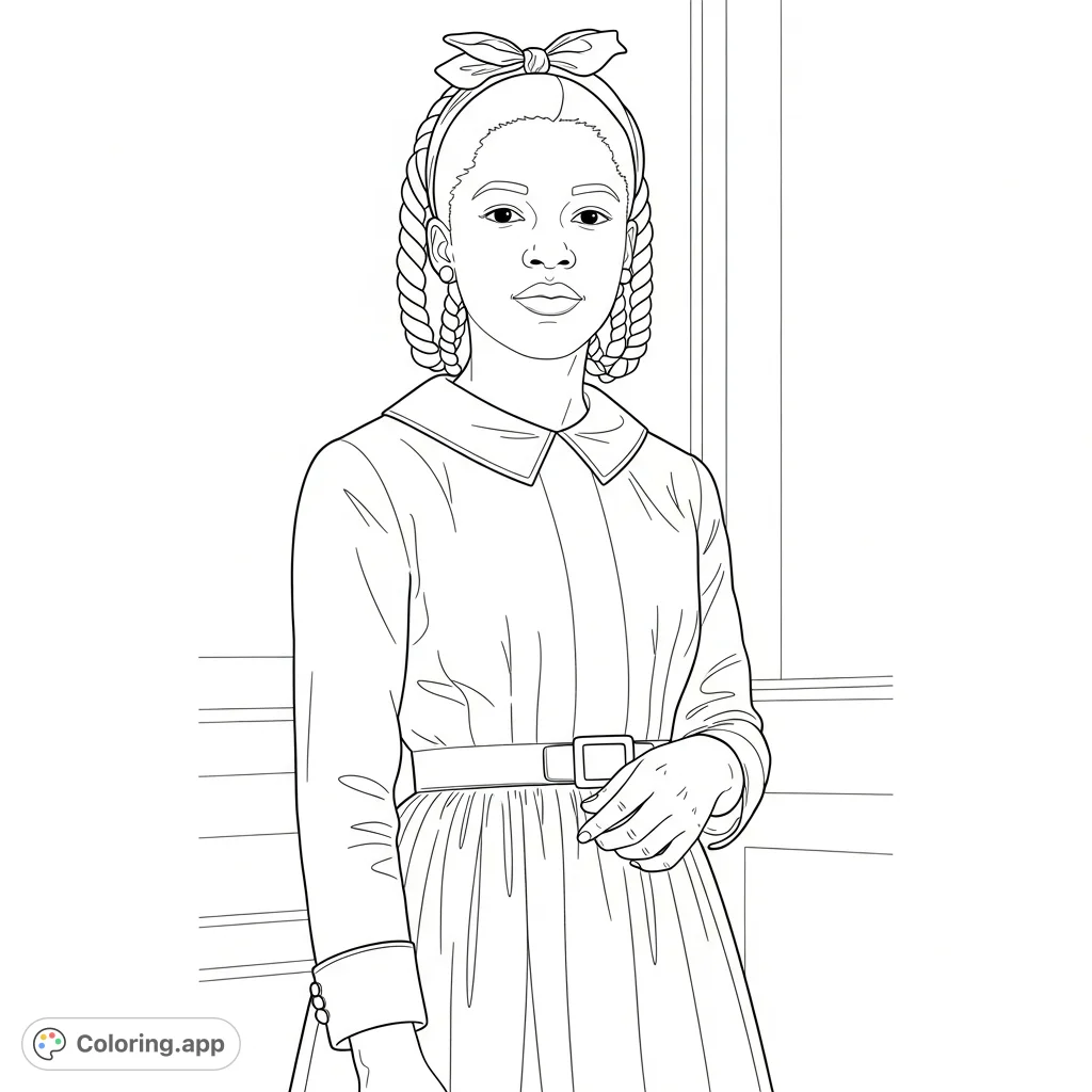 Capture the quiet strength of young Ruby Bridges in this formal portrait coloring page. Perfect for reflection and learning about history.