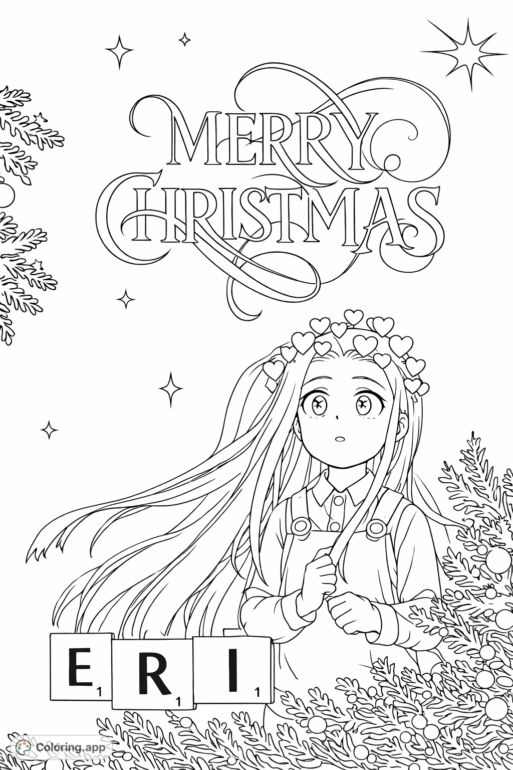 A charming anime character, Eri, celebrates the festive season surrounded by holiday decorations and a cheerful 'Merry Christmas' greeting.