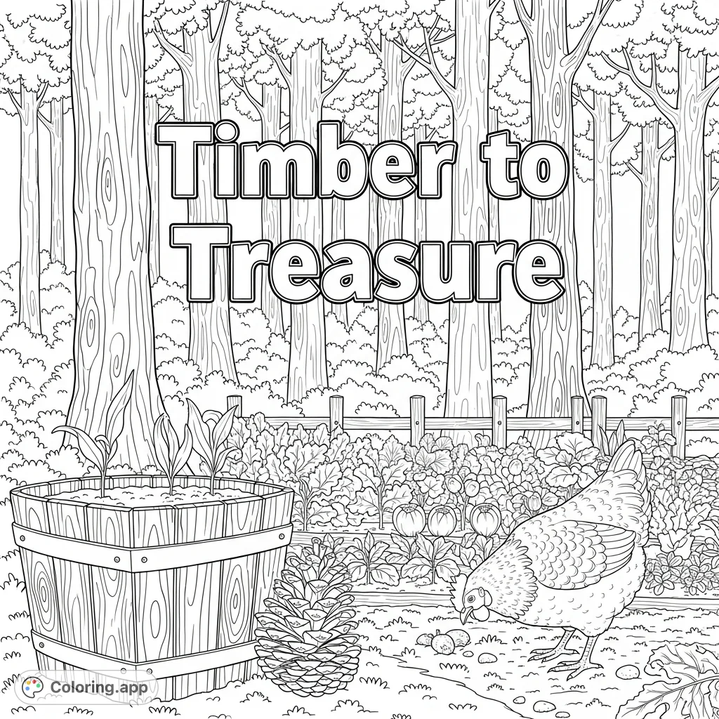 Explore a rustic garden with a chicken, pine cone, and 'Timber to Treasure' text, set against a dense forest. Perfect for nature lovers.