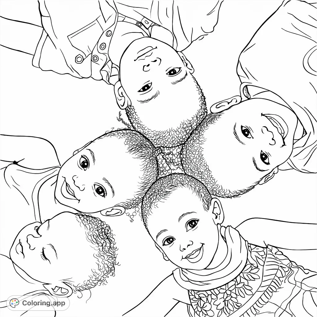 A heartwarming image of five children, from infant to school-age, lying in a playful circle. Features smiles and varied expressions on a soft, textured surface.