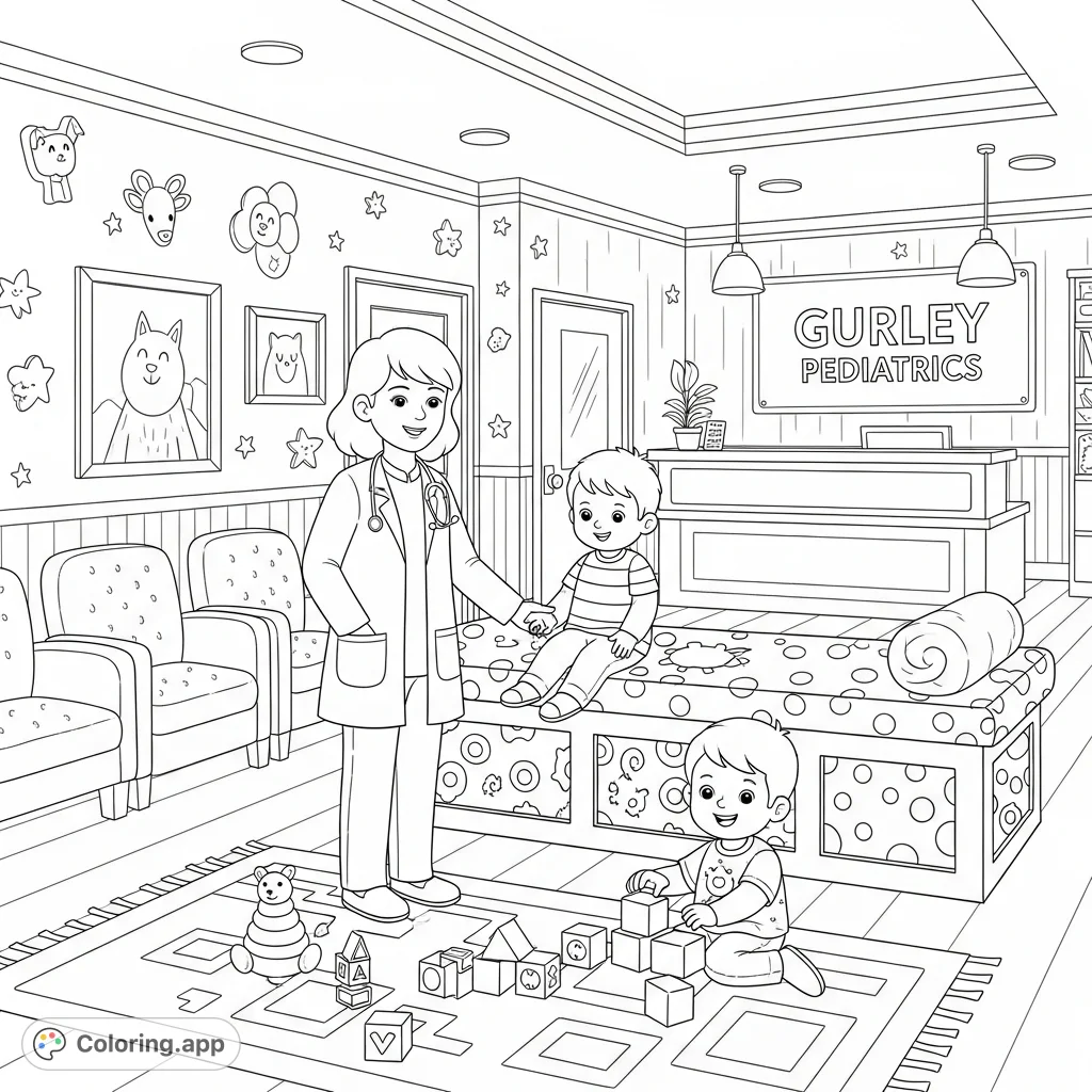 Step into a friendly Gurley Pediatrics coloring page! Features a welcoming doctor/nurse, children playing with blocks, and cheerful clinic decor.