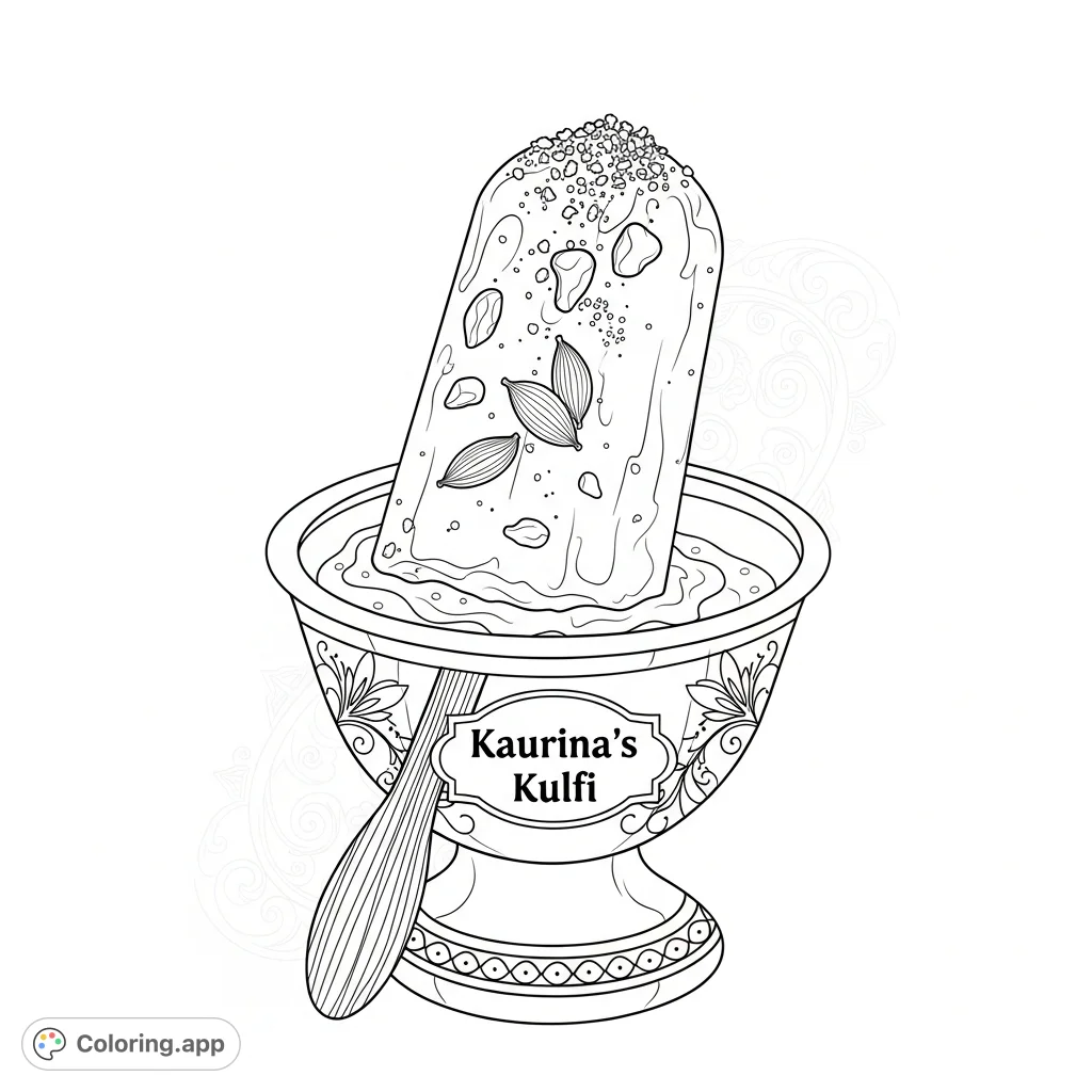 Indulge in this delightful Kaurina's Kulfi treat, detailed with traditional garnishes and branding, perfect for a sweet escape and creative coloring.