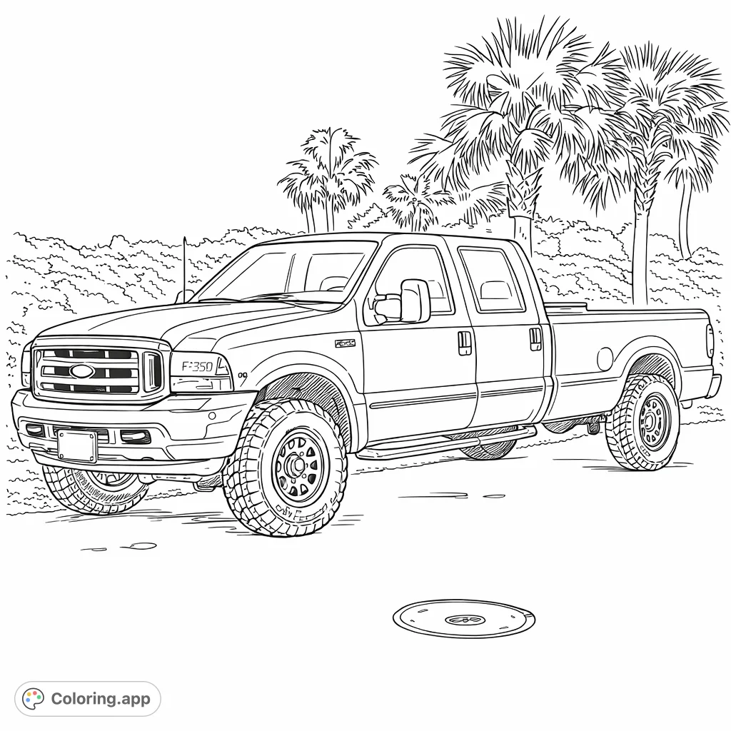 Color a powerful heavy-duty pickup truck, featuring detailed off-road tires and a rugged design, set against a backdrop of tropical foliage.