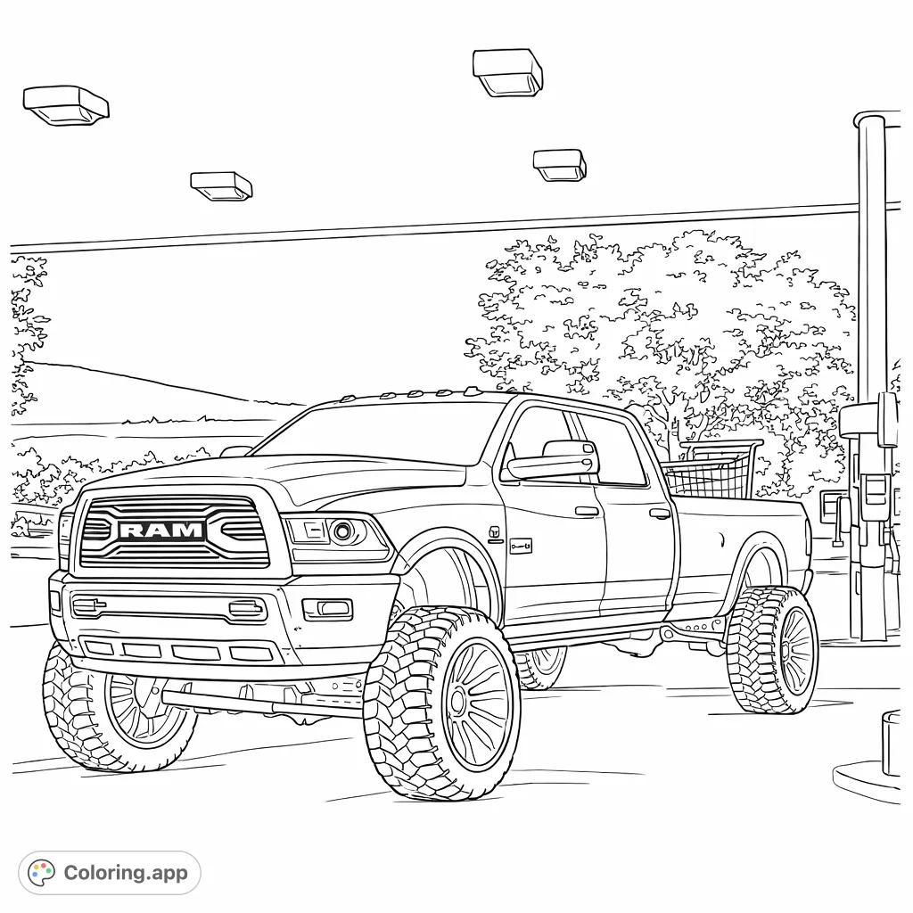 Color a powerful, custom lifted pickup truck at a gas station, featuring oversized wheels, undercarriage lights, and intricate details for vehicle enthusiasts.