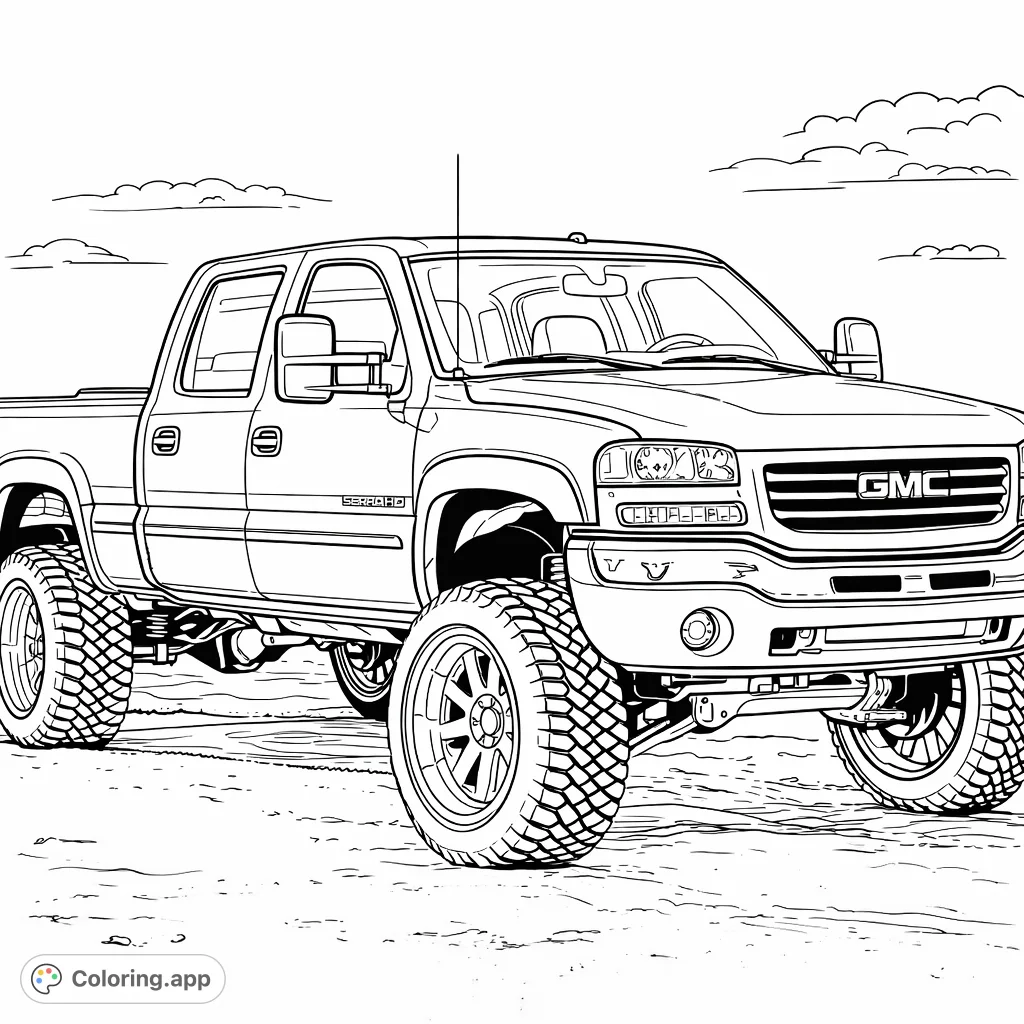 Color a powerful lifted pickup truck with massive tires and a detailed front grille, set against an open sky. Perfect for truck enthusiasts and vehicle lovers.