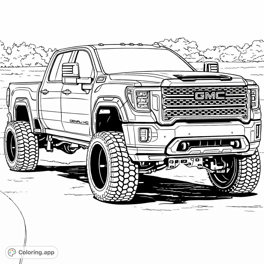 Unleash your creativity with this formidable lifted truck coloring page. Features a powerful pickup with detailed grille, large tires, and rugged design.
