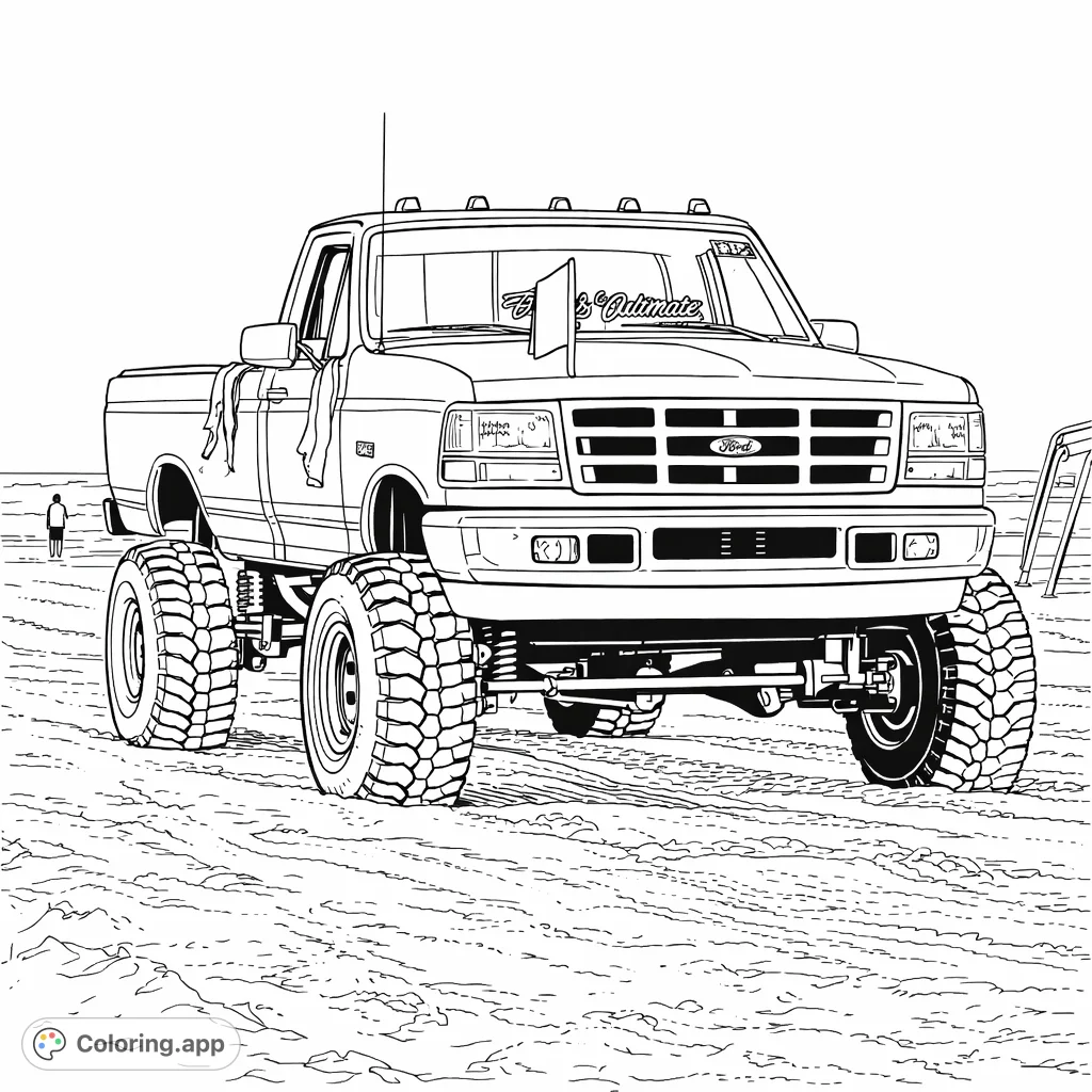 Unleash your creativity with this monster truck coloring page, featuring a powerful off-road vehicle dominating a sandy beach. Perfect for vehicle enthusiasts!
