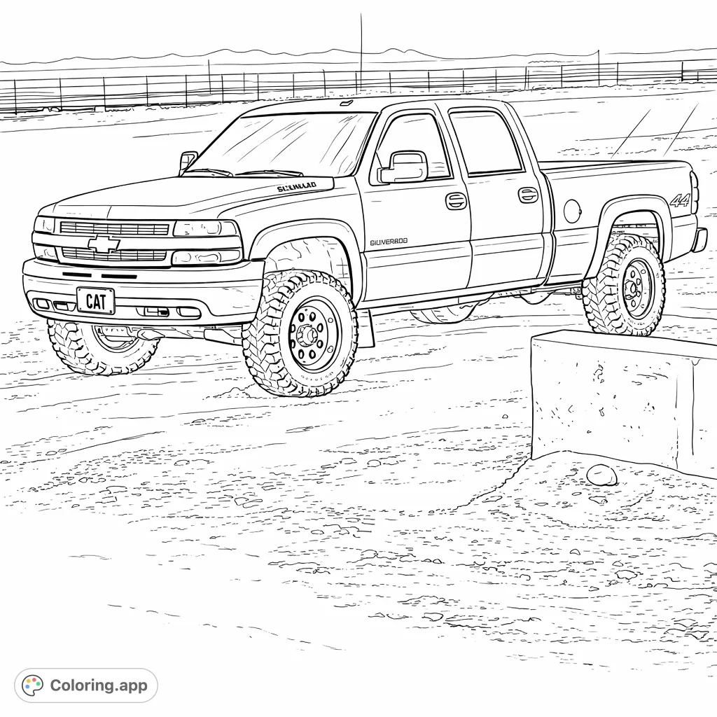 Color a powerful, lifted pickup truck with rugged tires and a detailed body, set against an outdoor landscape. Perfect for vehicle enthusiasts and adventure seekers.