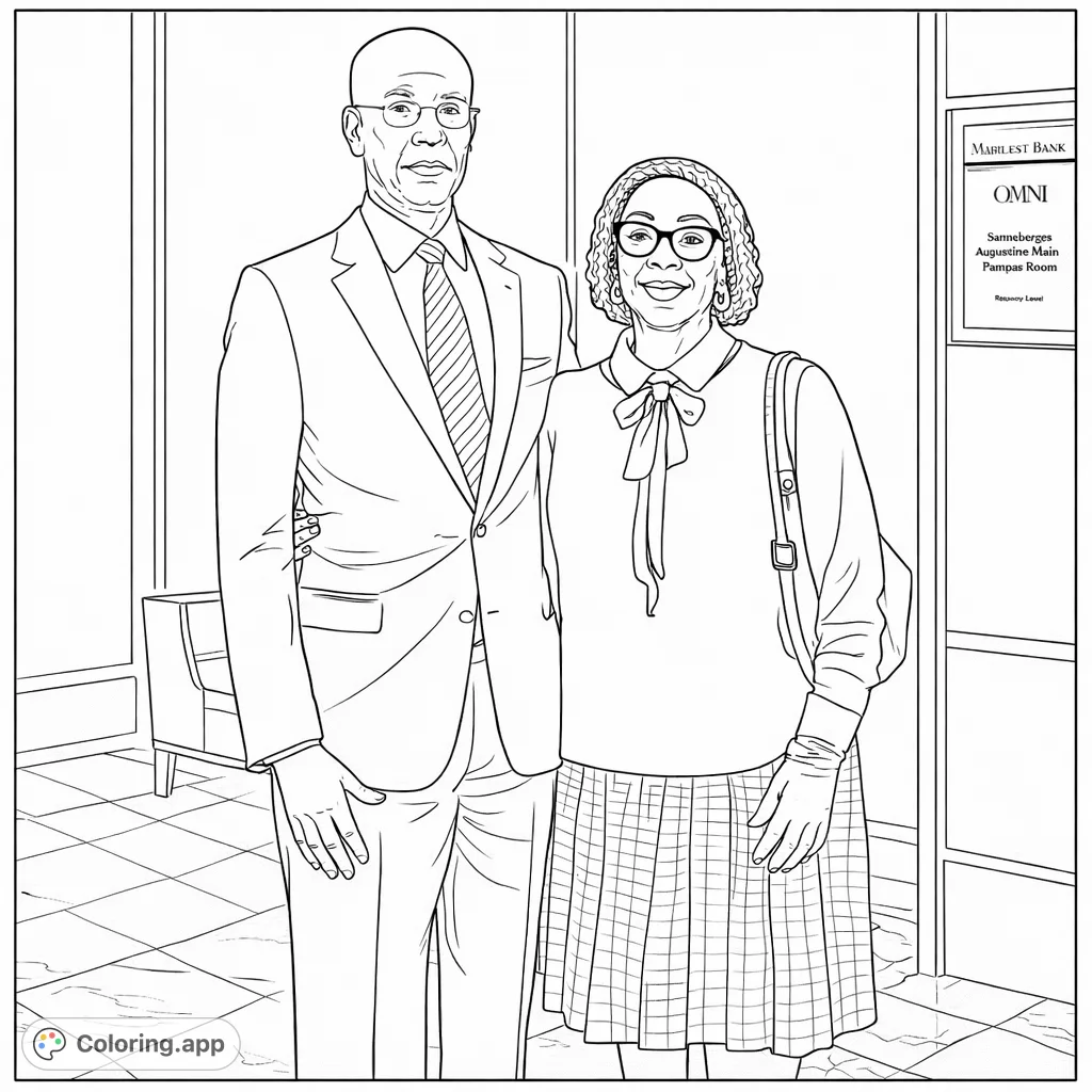 An elegant man and woman stand together in a formal indoor setting. Perfect for exploring sophisticated attire and architectural details in a professional portrait.