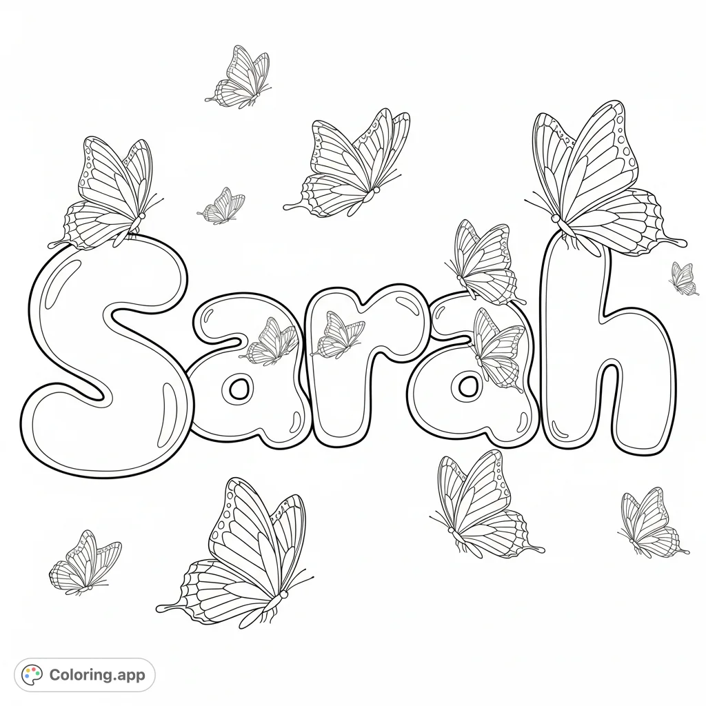 A charming Sarah coloring page featuring plump bubble letters surrounded by various butterflies, perfect for personalization and creative expression.