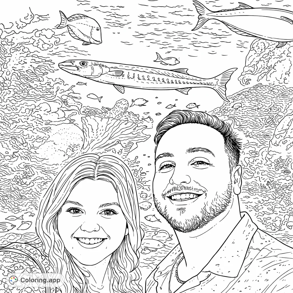 Dive into an exciting aquarium scene featuring two cheerful friends alongside fascinating marine life and detailed coral reefs. A perfect underwater exploration!