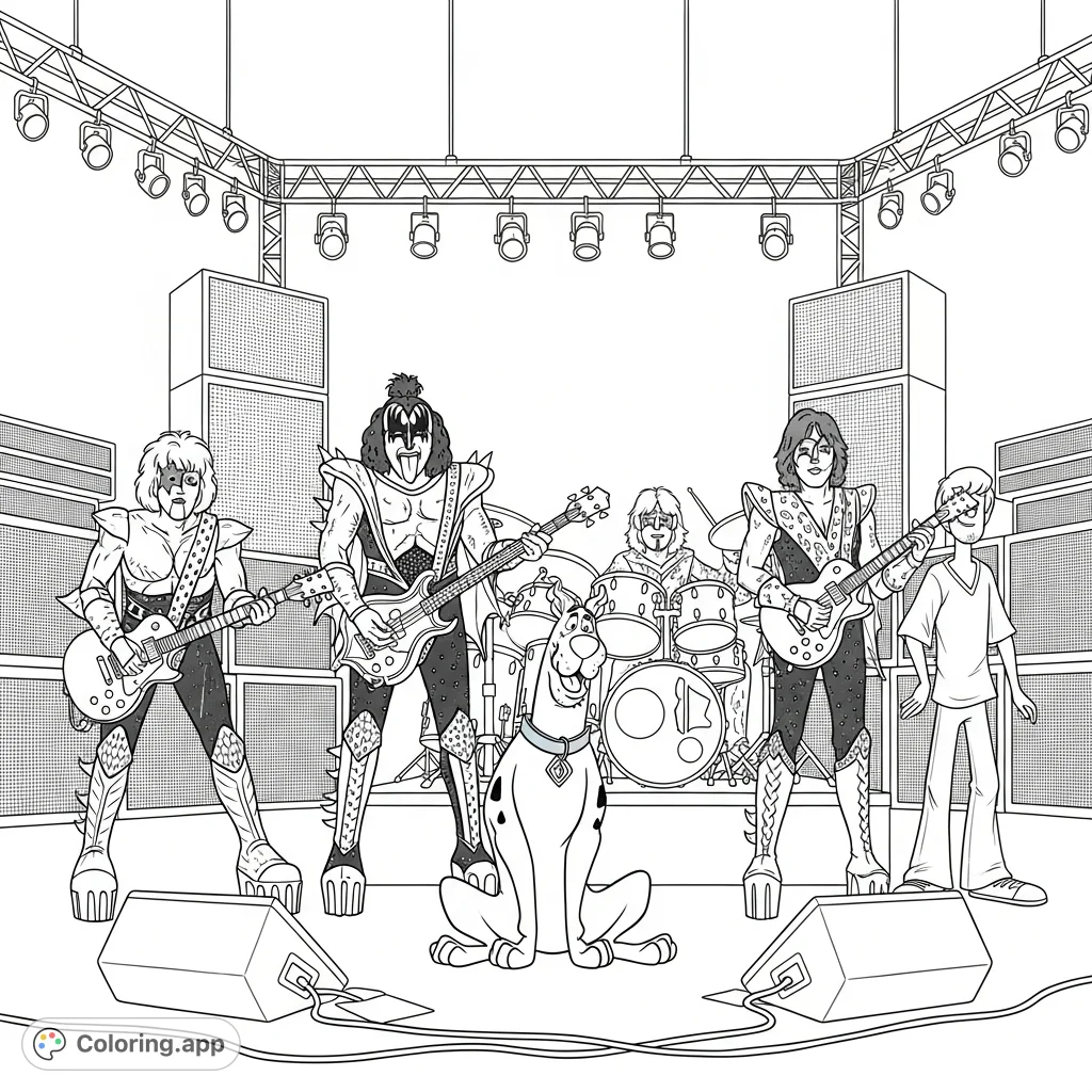 Join KISS and Scooby-Doo on an epic concert stage! This fun coloring page features the iconic rock band, Scooby, and Shaggy in a thrilling musical adventure.