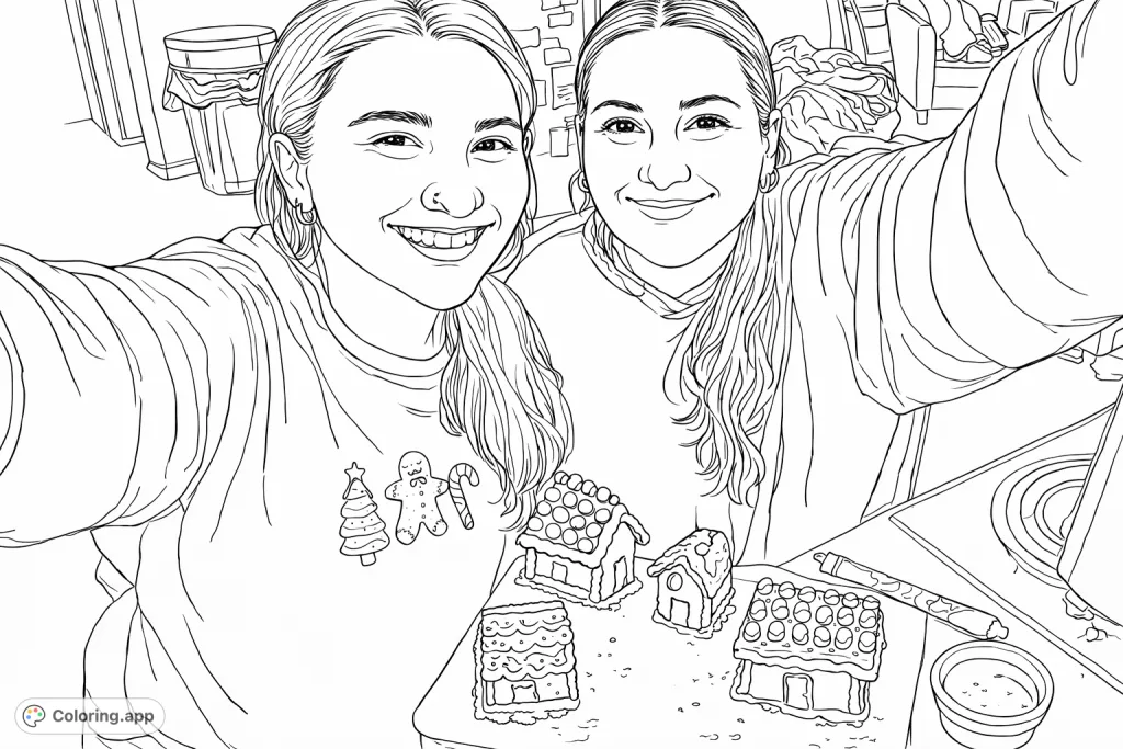 Capture the joy of holiday baking with two smiling friends and their charmingly decorated gingerbread houses. A delightful festive coloring adventure awaits!
