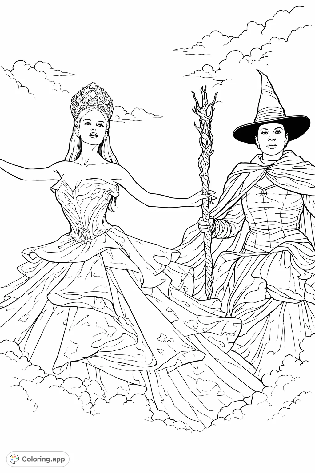 Unleash your creativity with this fantasy coloring page featuring two enchanting figures: a crowned royal in a magnificent gown and a mysterious figure with a staff.