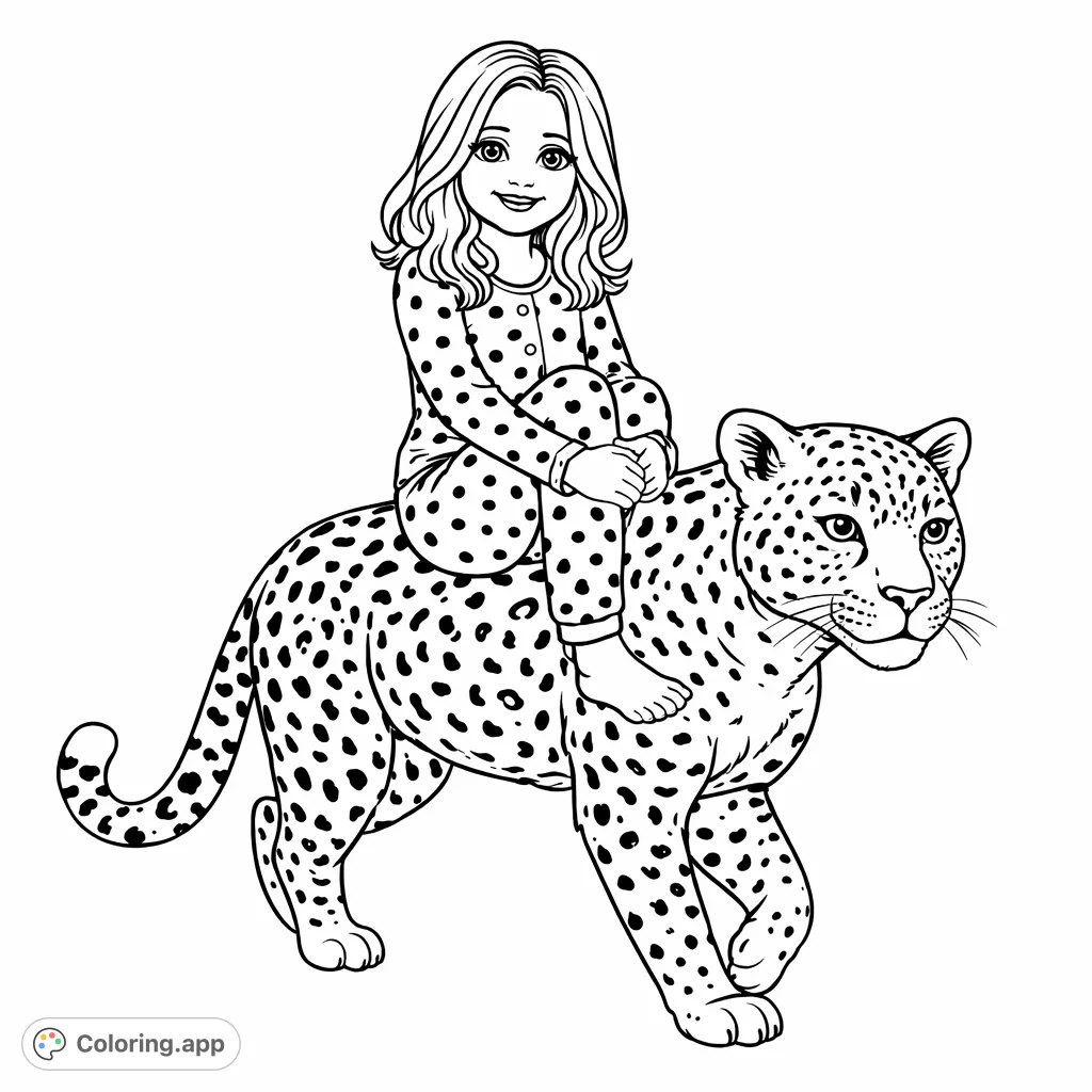 Embark on a wild adventure! This cartoony coloring page features a cheerful girl riding atop a majestic spotted big cat.