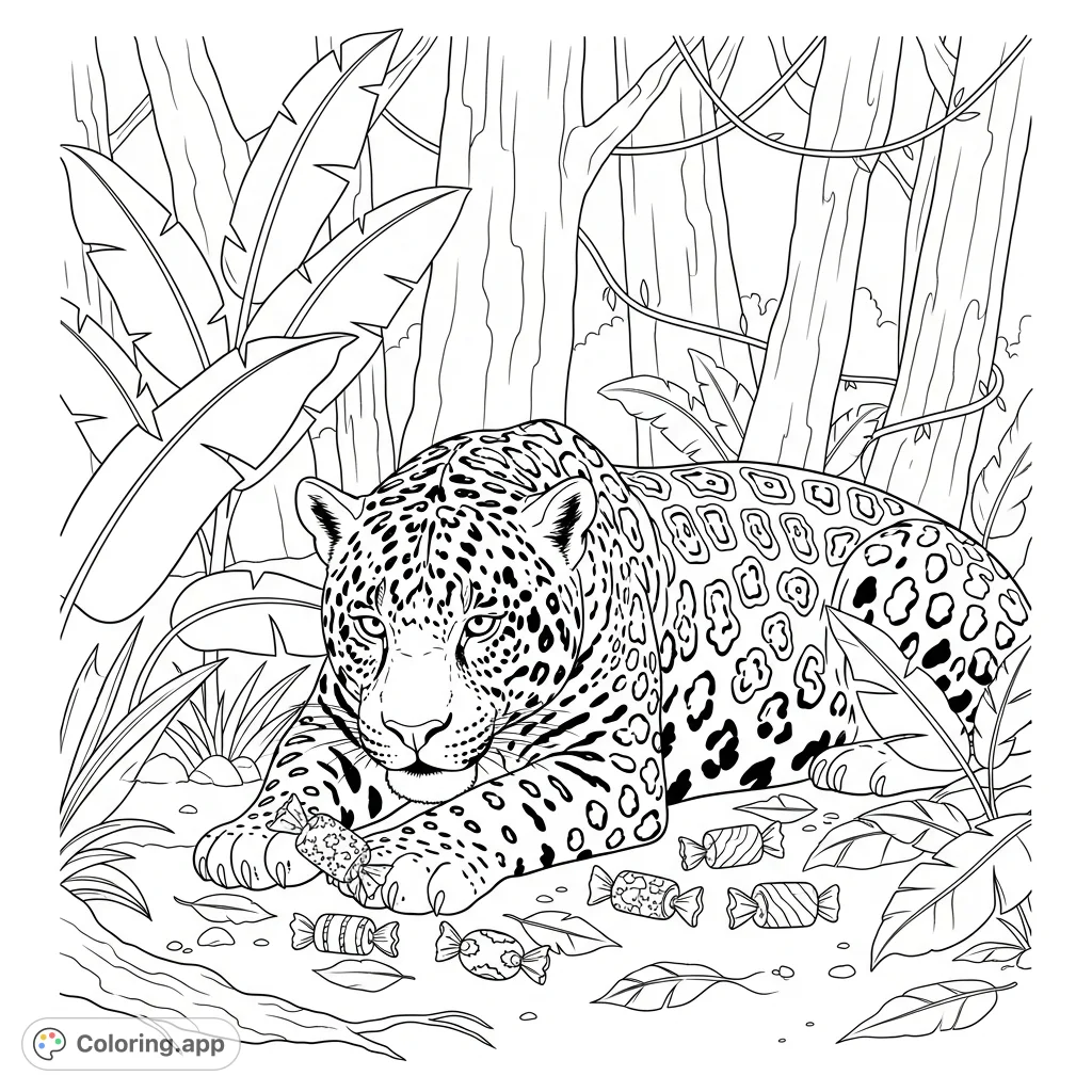 A majestic jaguar enjoys a delightful assortment of candies amidst a lush forest backdrop. A detailed scene perfect for animal lovers and coloring enthusiasts.