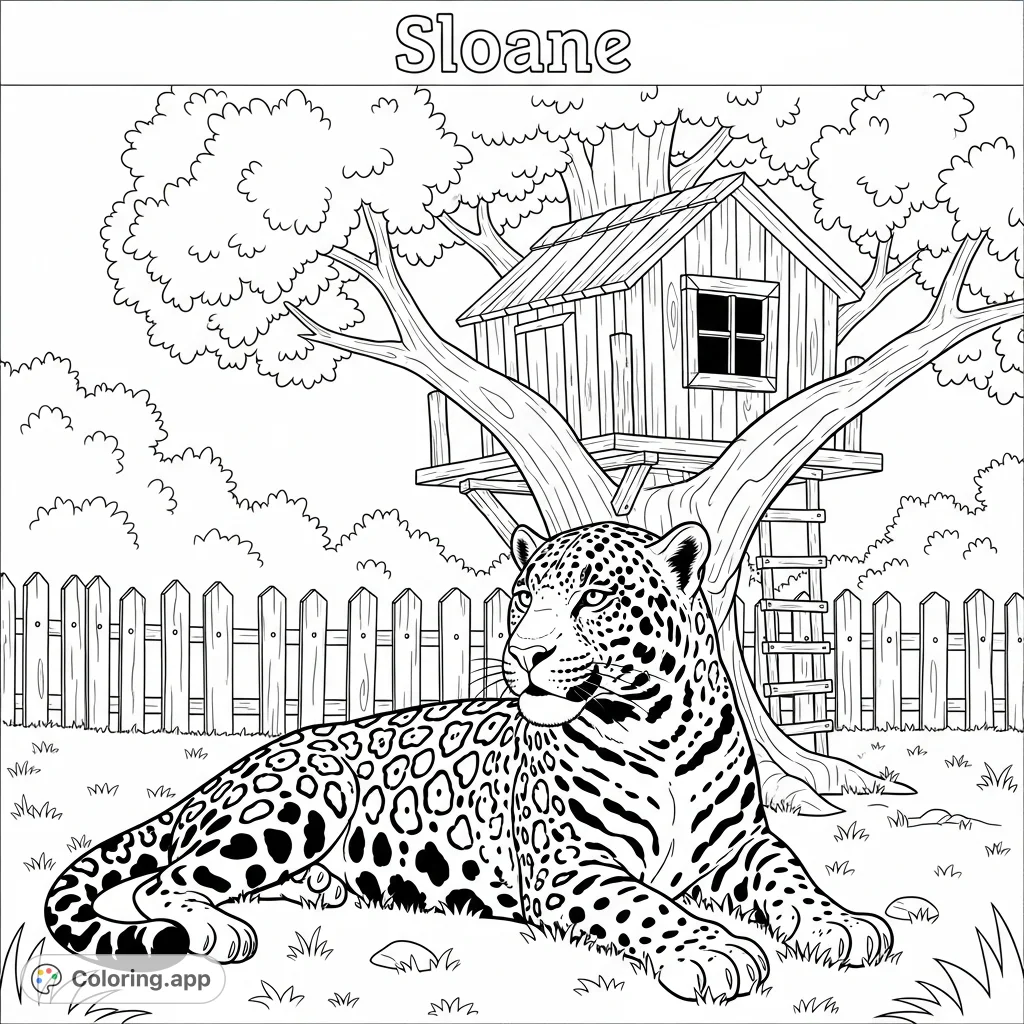 Color a majestic jaguar relaxing in a peaceful backyard with a charming treehouse in the background. Features personalized text 'Sloane' at the top.