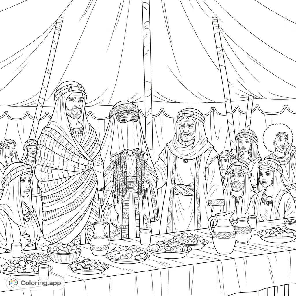 Discover a detailed Biblical Family Feast coloring page featuring Jacob, Leah, Laban, and other figures gathered in a tent for a vibrant celebration.